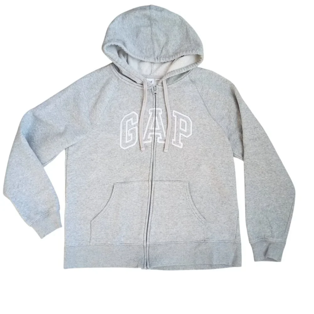 GAP Gray Zip-Up Hoodie – Classic Logo Sweatshirt, Unisex Size L
